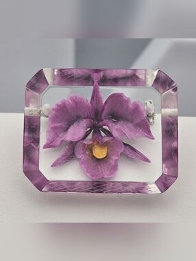 Vintage Reverse Carved Lucite Orchid Brooch Purple Floral 1.5" Retro